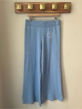 Sincerely Jules Light Blue Knit Wide-Leg Lounge Pants with Smiley Face XL